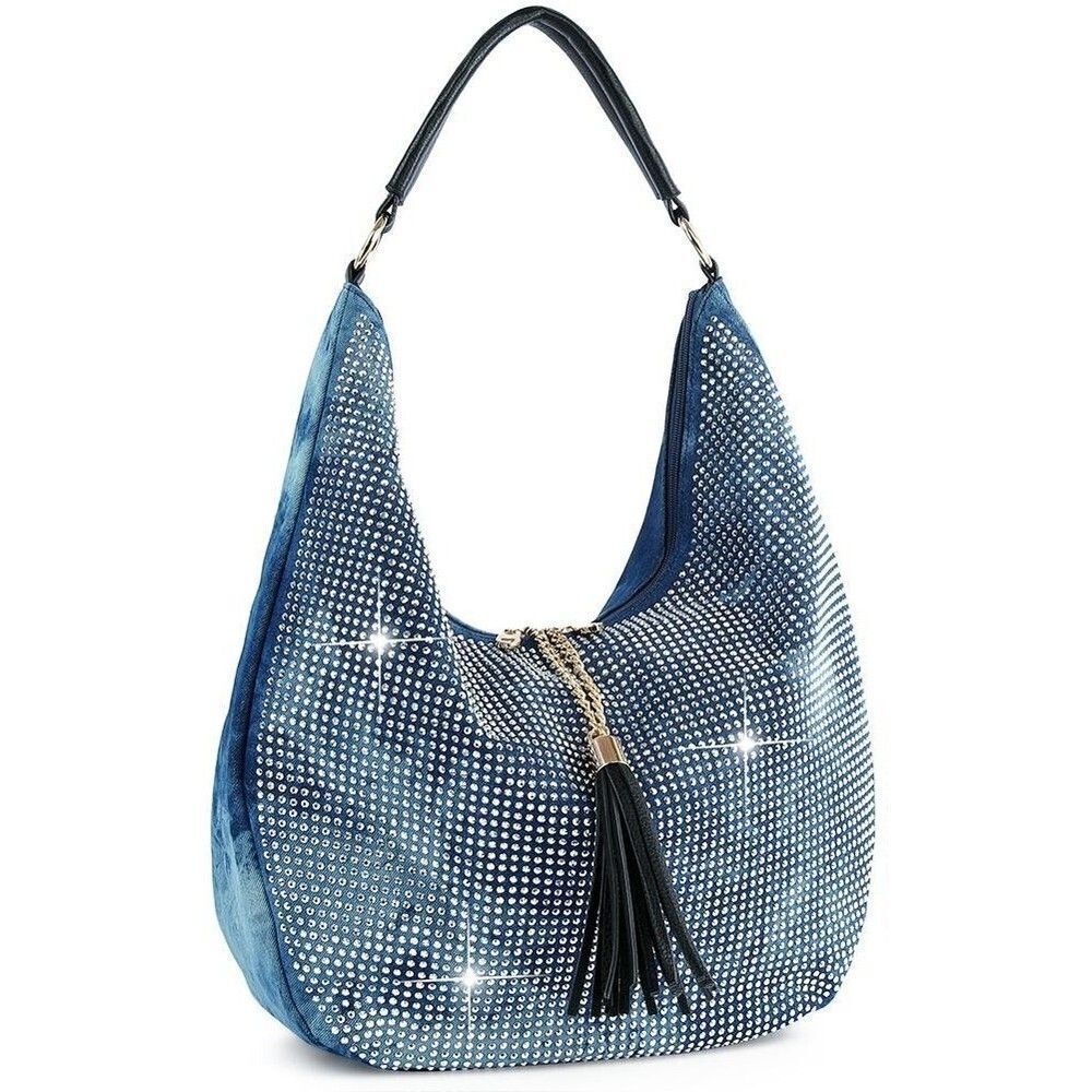 Large Blue Sparkling Hobo Handbag For Women Shimmering Stone Hobo Handbag